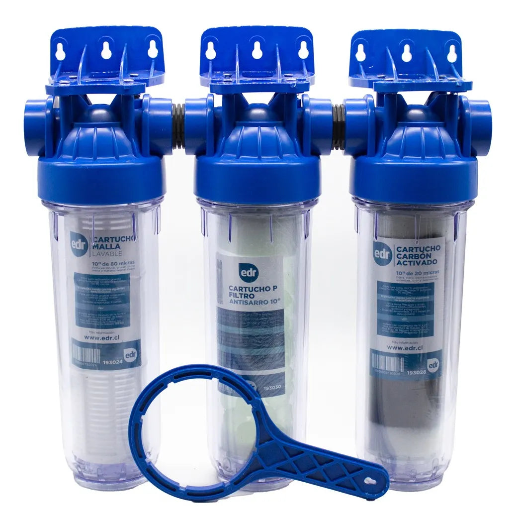 FILTRO DE AGUA 3 ETAPAS - MALLA LAVABLE, POLIFOSFATO Y CARBÓN ACTIVADO