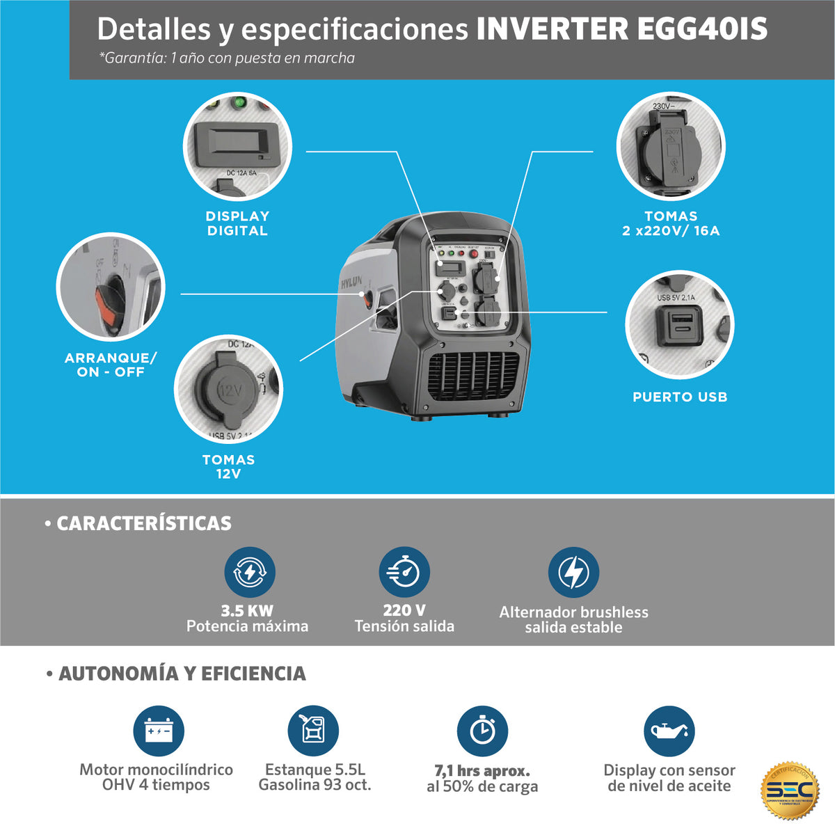 GENERADOR.INVERTER-EGG40IS.3KVA CARACTERISTICAS
