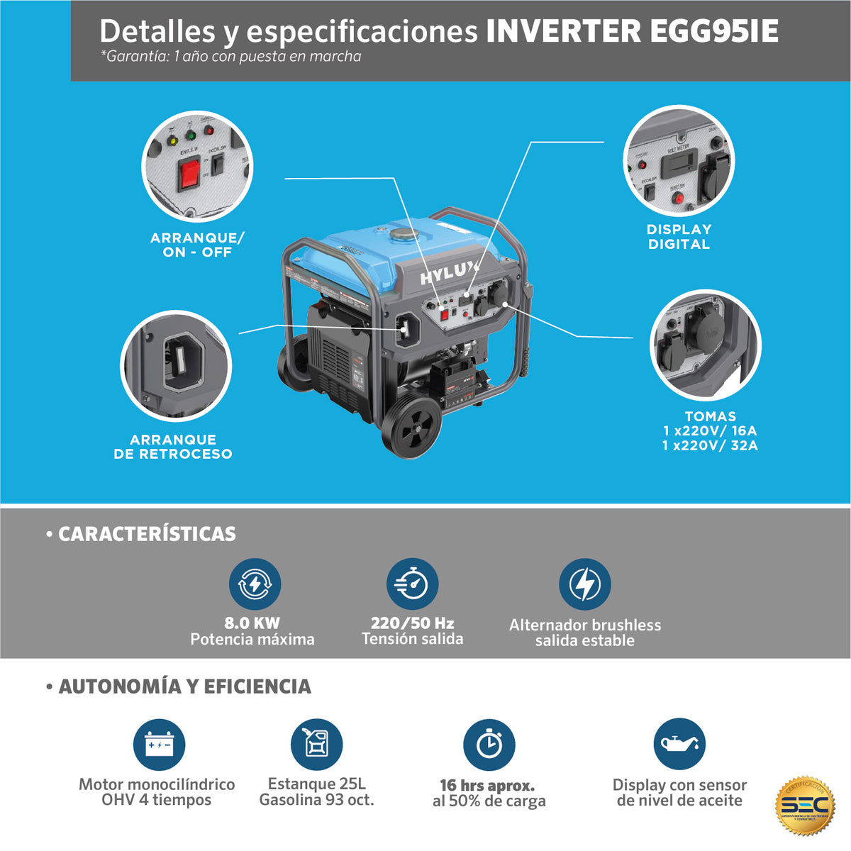 GENERADOR INVERTER EGG95IE 8KVA CARACTERISTICAS