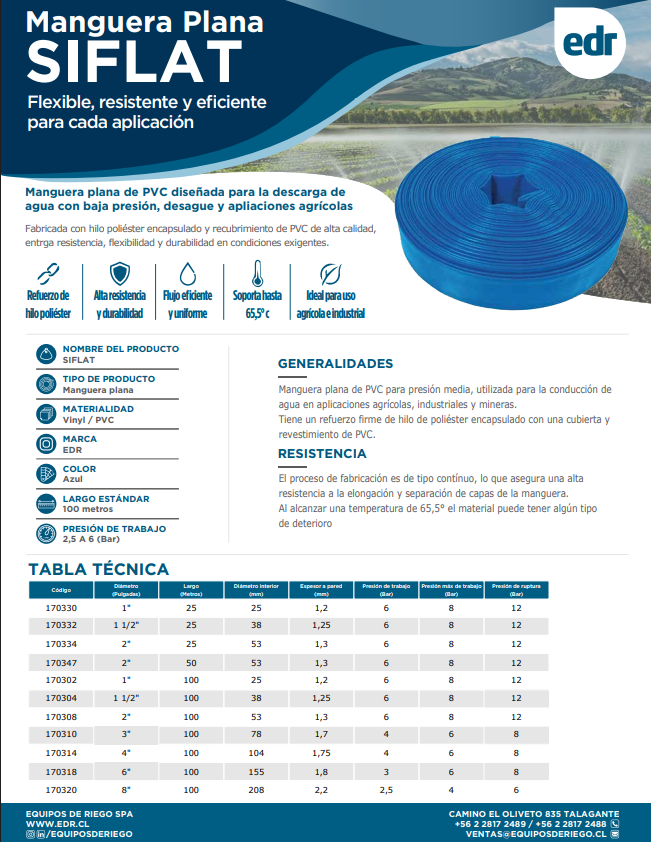 Manguera plana SIFLAT EDR de color azul, diseñada para conducción y descarga de agua a presión media en aplicaciones agrícolas, industriales y de riego.