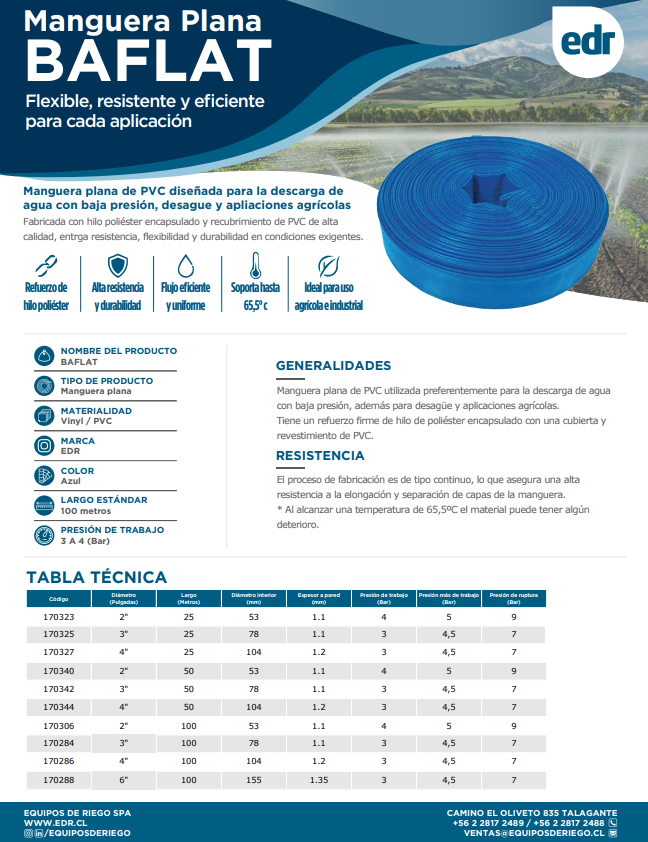 Manguera plana BAFLAT EDR de color azul, diseñada para conducción y descarga de agua en aplicaciones agrícolas y de riego.