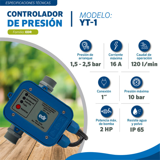Controlador de presión EDR YT-1 1" 2 HP: arranque 1,5-2,5 bar, 16 A, 120 l/min, 10 bar e IP65