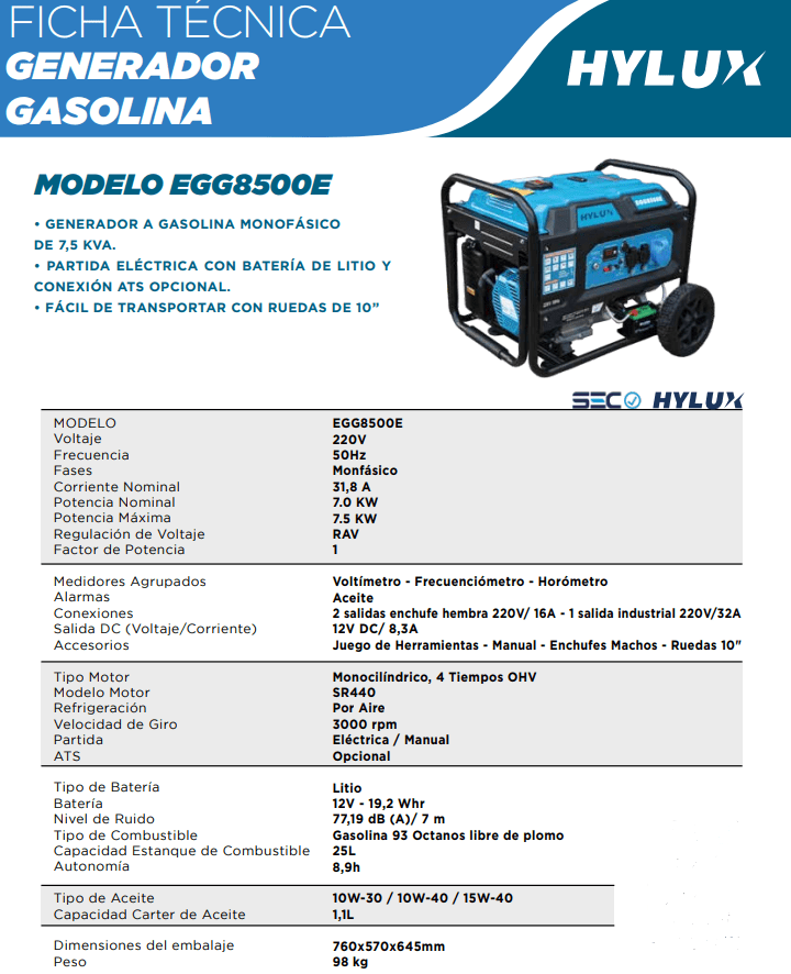 GENERADOR ELECTRICO - HYLUX (GASOLINA) - Hidroshop Chile