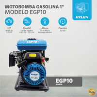 Motobomba gasolina 1" Hylux EGP10: motor 1,75 HP, caudal 8 m³/h, altura máxima 30 m y presión 3,0 bar
