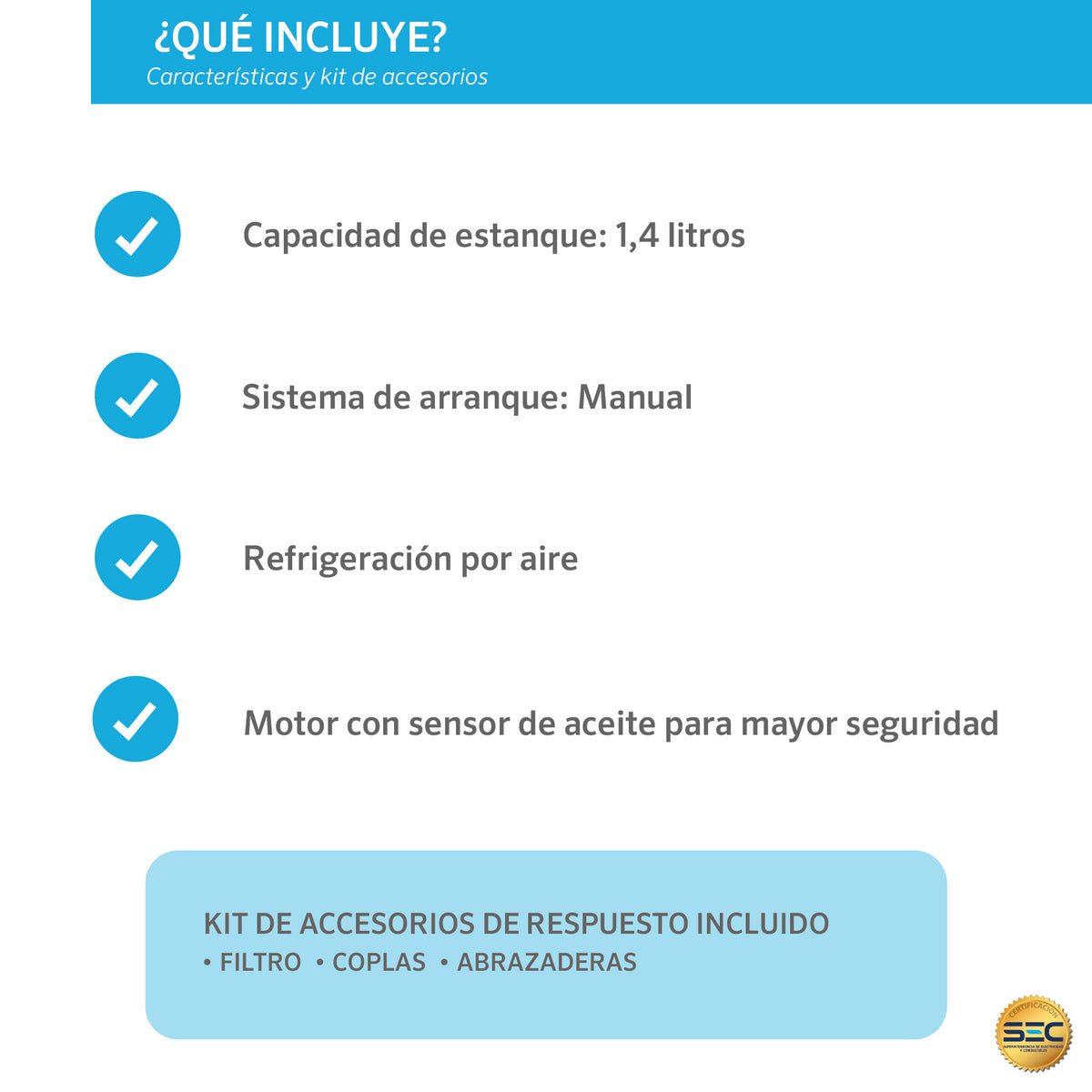 Qué incluye la motobomba Hylux EGP10: estanque 1,4 L, arranque manual y kit de filtro, coplas y abrazaderas