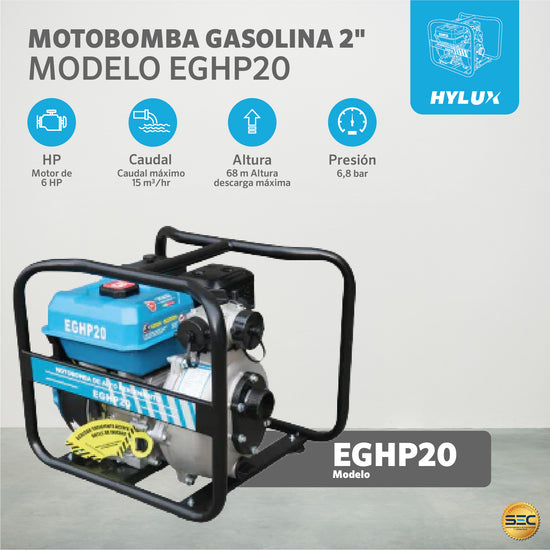 Motobomba gasolina 2" alta presión Hylux EGHP20: motor 6 HP, caudal 15 m³/h, altura máxima 68 m y presión 6,8 bar