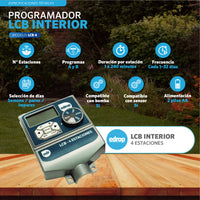 Programador de riego EDROP LCB interior 4 estaciones: programas A y B, riego de 1 a 240 min por estación, compatible con bomba y sensor