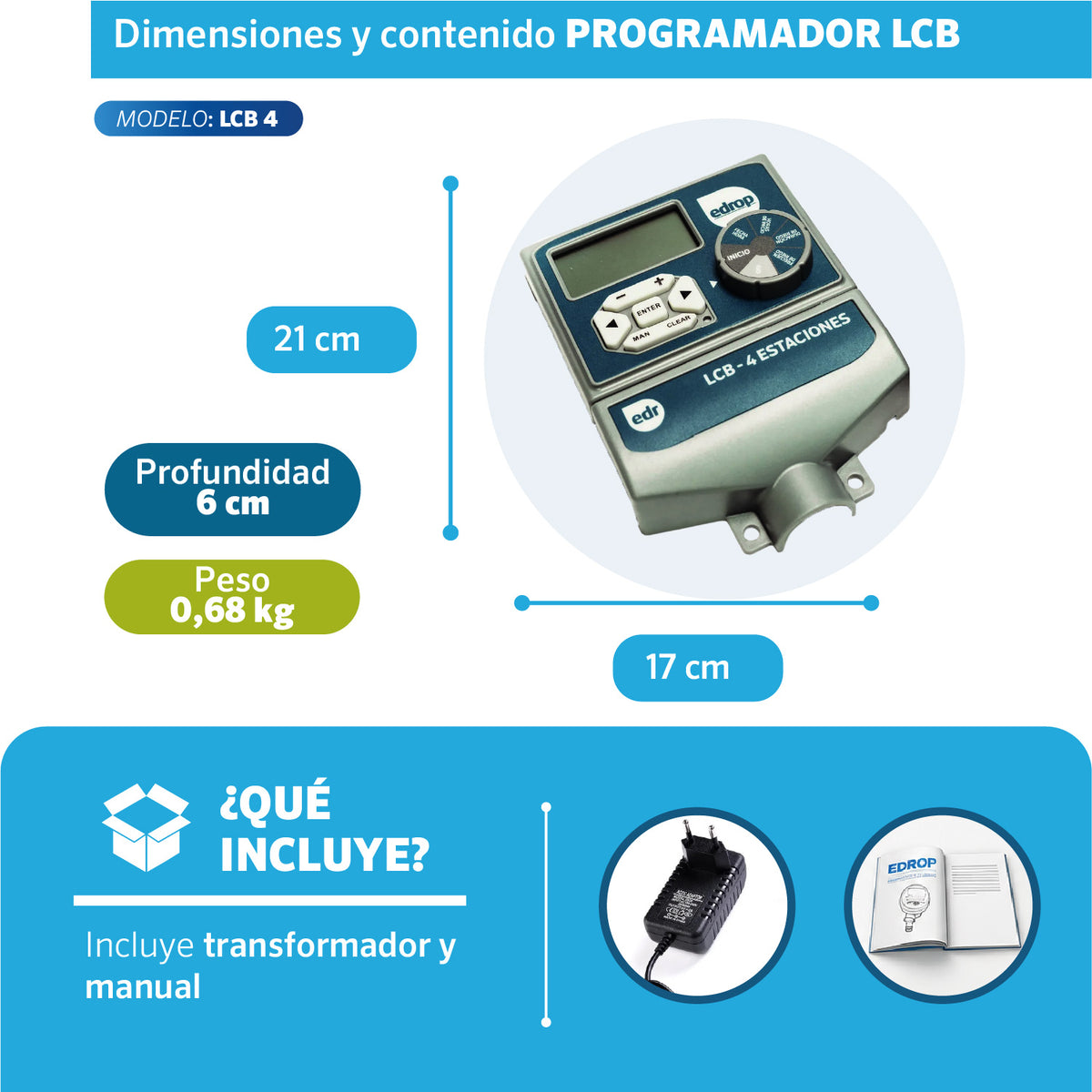 Dimensiones del Programador LCB 4 estaciones EDROP: 21 x 17 cm, 0,68 kg, incluye transformador y manual