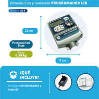 Dimensiones del Programador LCB 4 estaciones EDROP: 21 x 17 cm, 0,68 kg, incluye transformador y manual