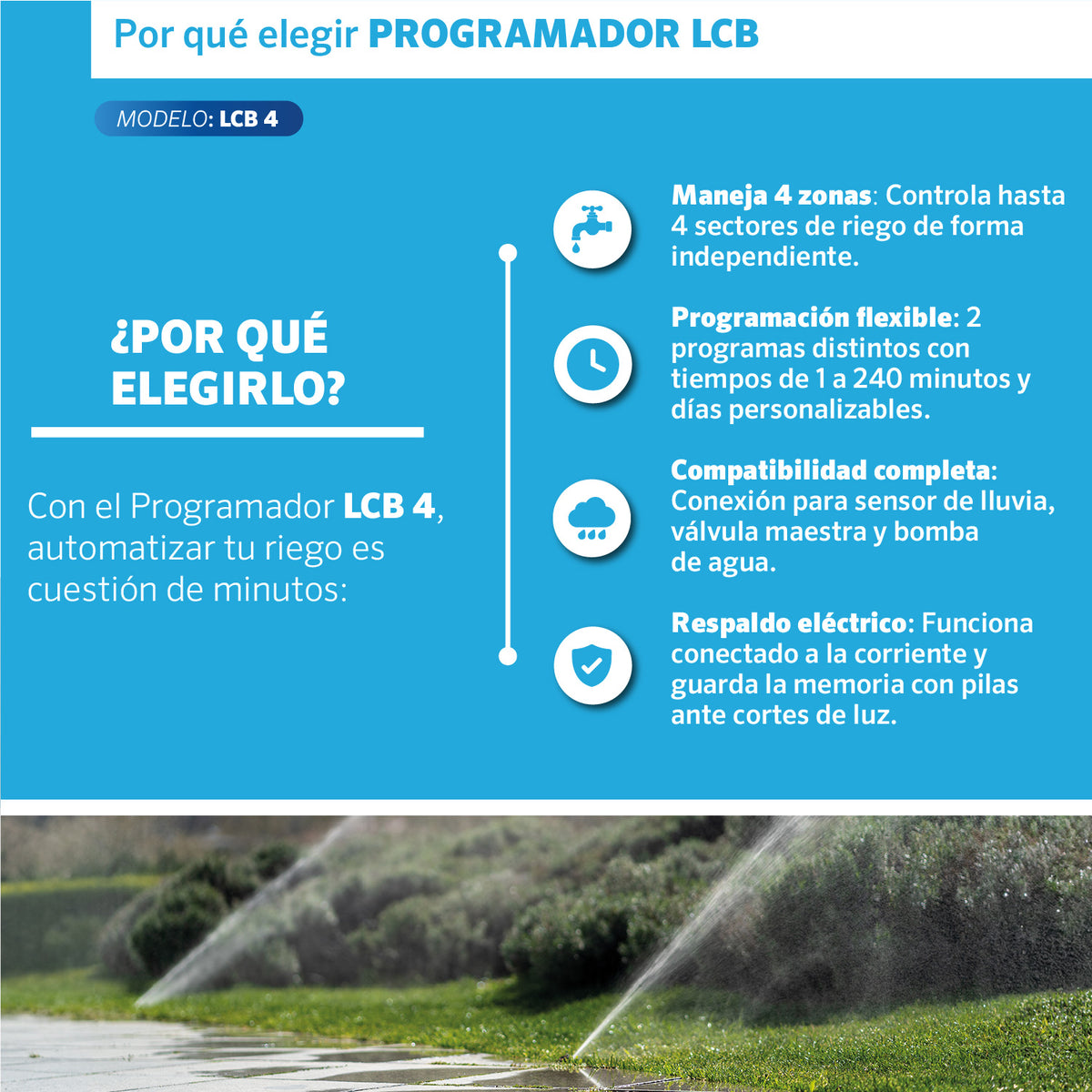 Beneficios del Programador LCB 4 estaciones EDROP: controla 4 zonas, programación flexible y memoria ante cortes de luz