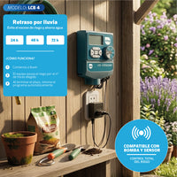 Programador LCB 4 estaciones EDROP instalado en muro interior, compatible con bomba y sensor