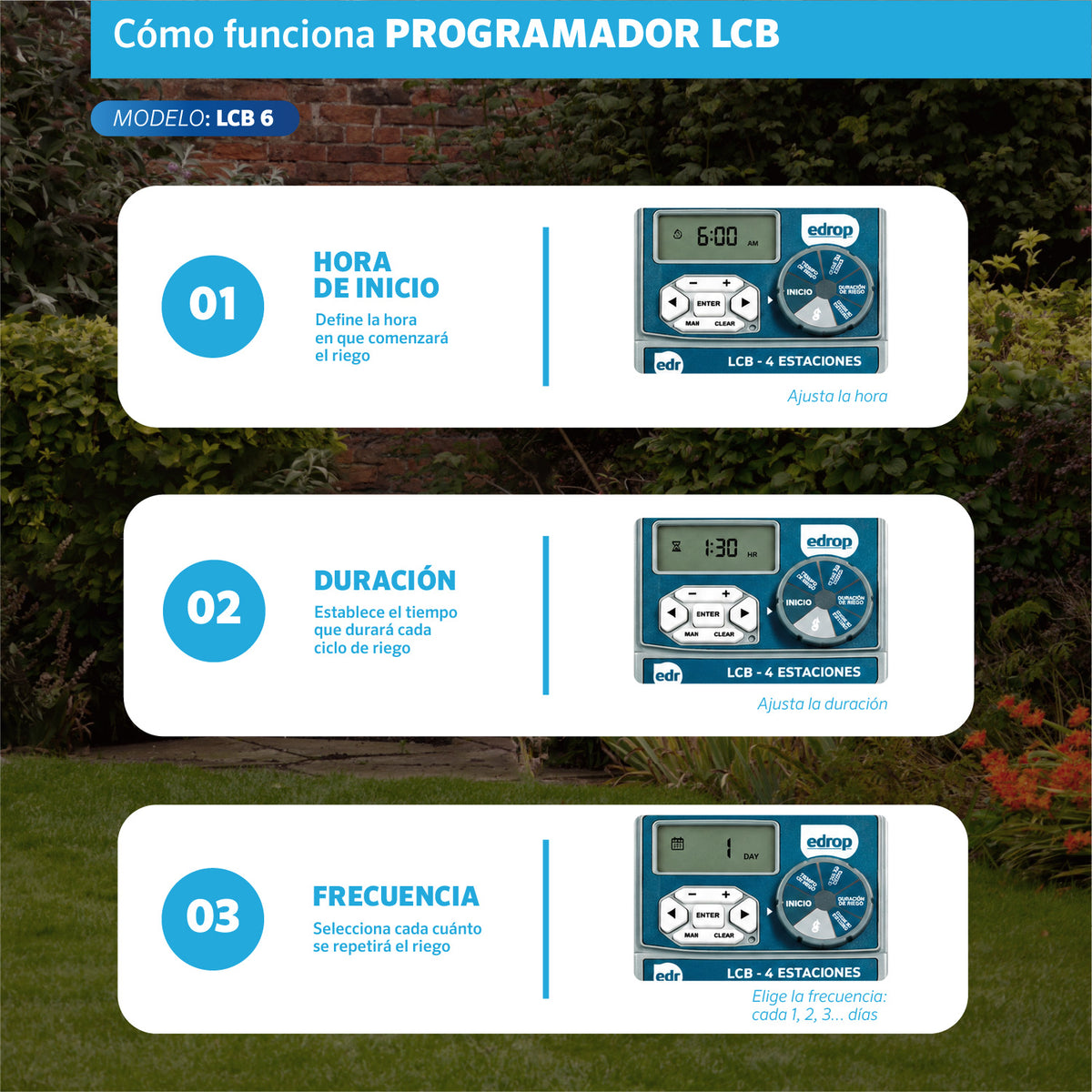 Cómo programar el Programador LCB 6 estaciones EDROP: hora de inicio, duración y frecuencia de riego