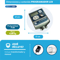 Dimensiones del Programador LCB 6 estaciones EDROP: 21 x 17 cm, 0,88 kg, incluye transformador y manual