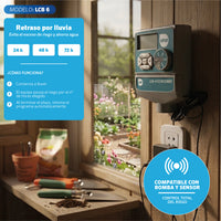 Programador LCB 6 estaciones EDROP instalado en muro interior, compatible con bomba y sensor