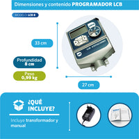 Dimensiones del Programador LCB 8 estaciones EDROP: 33 x 27 cm, 0,99 kg, incluye transformador y manual
