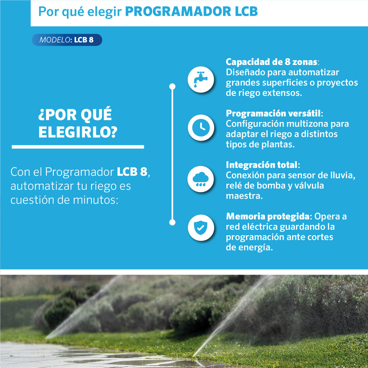 Beneficios del Programador LCB 8 estaciones EDROP: 8 zonas para jardines grandes, multizona y conexión a sensor y bomba