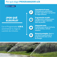 Beneficios del Programador LCB 8 estaciones EDROP: 8 zonas para jardines grandes, multizona y conexión a sensor y bomba