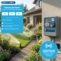 Programador LCB 8 estaciones EDROP instalado en muro junto a jardín con aspersores