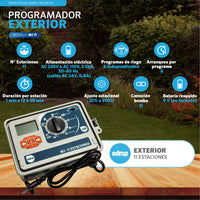 Programador de riego EDROP MJ exterior 11 estaciones: 6 programas, alimentación 220V, ajuste estacional 10 a 200% y conexión a bomba