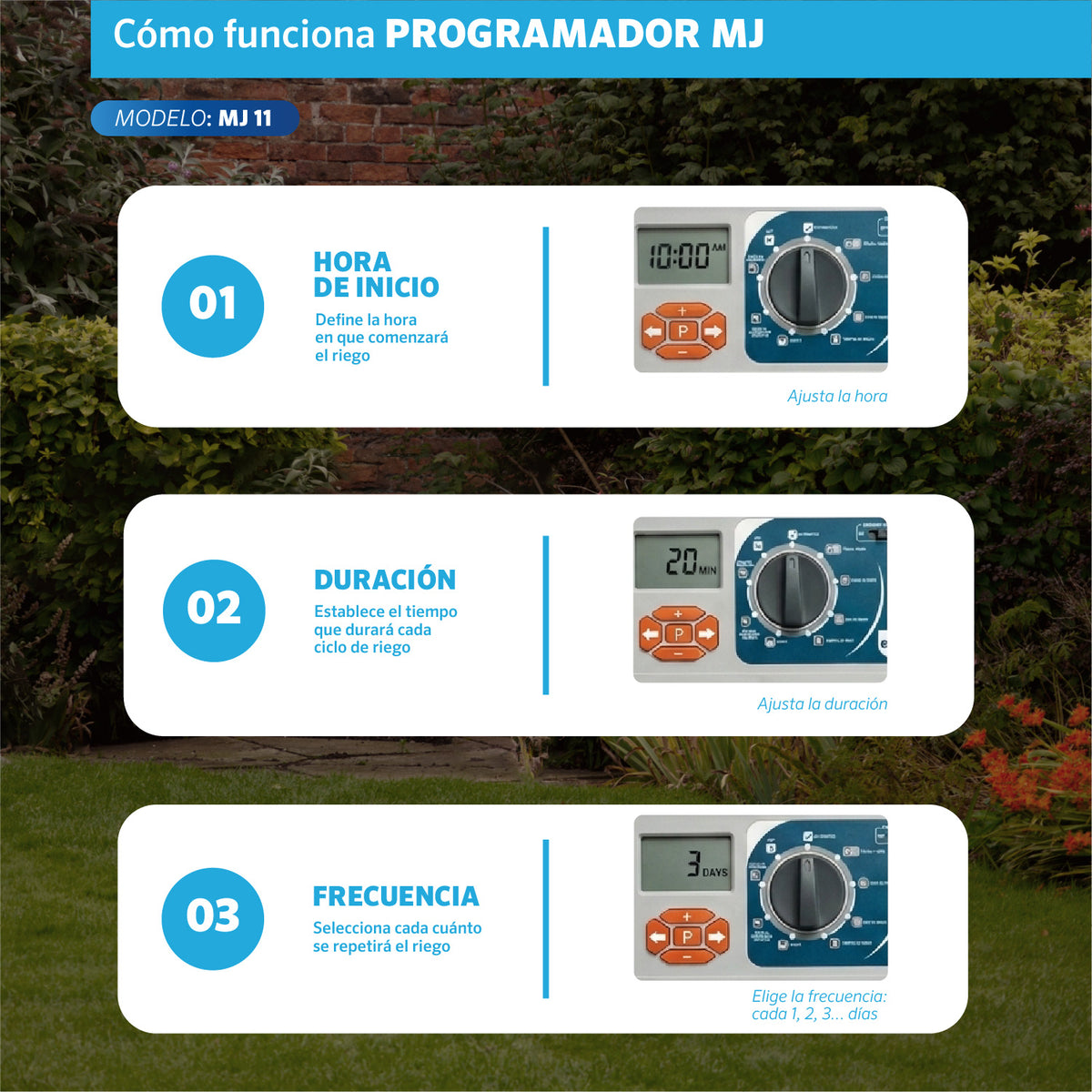 Cómo programar el Programador MJ 11 estaciones EDROP: hora de inicio, duración y frecuencia de riego