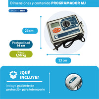 Dimensiones del Programador MJ 11 estaciones EDROP: 26 x 23 cm, 1,56 kg, incluye gabinete para intemperie