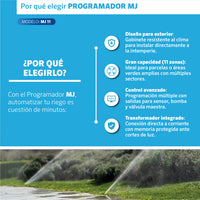 Beneficios del Programador MJ 11 estaciones EDROP: gabinete para exterior, 11 zonas y salidas para sensor y bomba