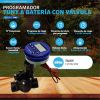 Programador de riego EDROP Tuny a batería con válvula: 1 estación, 2 programas, riego de 1 a 240 min, retraso por lluvia y 2 pilas AA