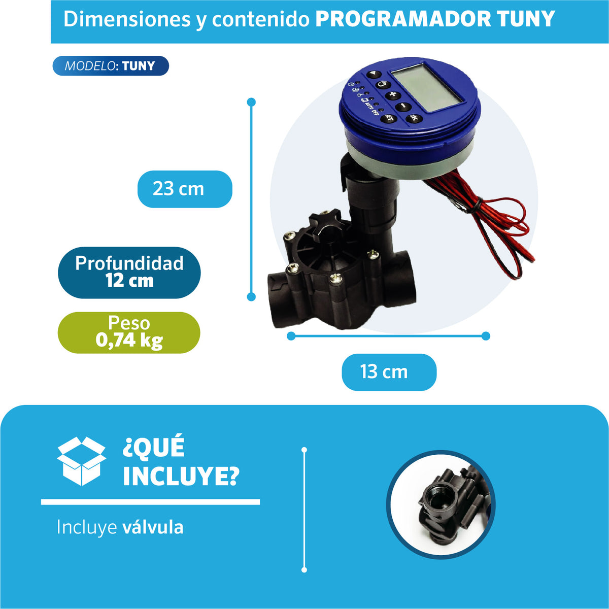 Dimensiones del Programador Tuny EDROP: 23 x 13 cm, 0,74 kg, incluye válvula