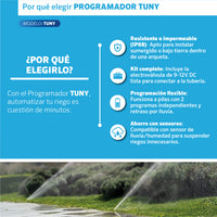 Beneficios del Programador Tuny EDROP: resistente al agua IP68, kit completo con electroválvula y compatible con sensor de lluvia