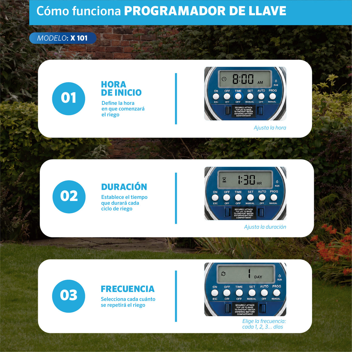 Cómo programar el Programador de llave X-101 EDROP: hora de inicio, duración y frecuencia de riego