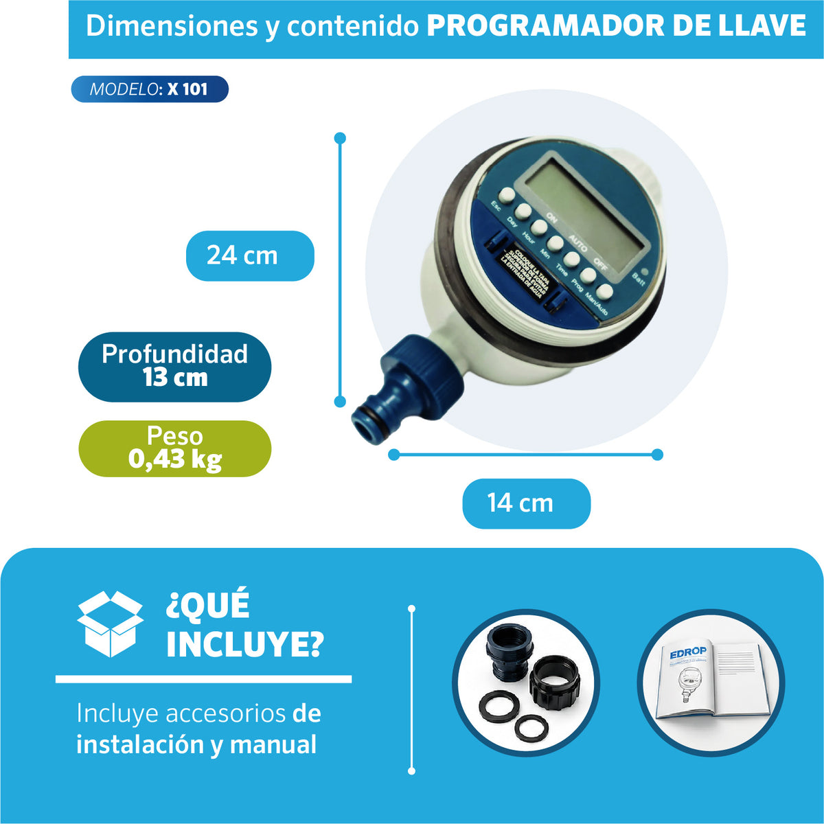Dimensiones del Programador de llave X-101 EDROP: 24 x 14 cm, 0,43 kg, incluye accesorios de instalación y manual