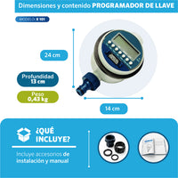 Dimensiones del Programador de llave X-101 EDROP: 24 x 14 cm, 0,43 kg, incluye accesorios de instalación y manual