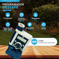 Programador de riego de llave EDROP X-201, 1 estación: conexión 3/4", 0,5 a 8 bar, IP66, riego de 5 seg a 360 min, a pilas