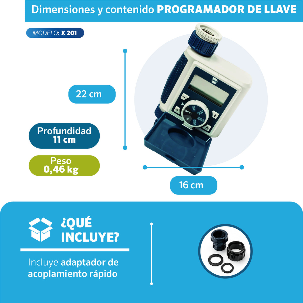 Dimensiones del Programador de llave X-201 EDROP: 22 x 16 cm, 0,46 kg, incluye adaptador de acople rápido