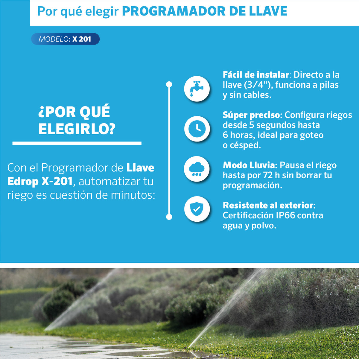 Beneficios del Programador de llave X-201 EDROP: riegos desde 5 segundos, modo lluvia de 72 h y protección IP66