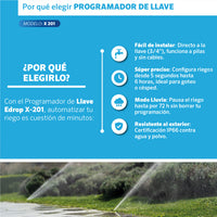 Beneficios del Programador de llave X-201 EDROP: riegos desde 5 segundos, modo lluvia de 72 h y protección IP66