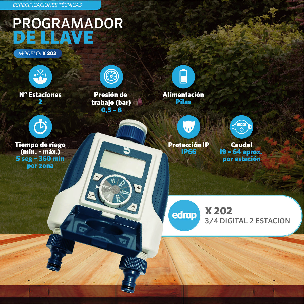Programador de riego de llave EDROP X-202, 2 estaciones: 2 zonas, conexión 3/4", 0,5 a 8 bar, IP66, riego de 5 seg a 360 min por zona