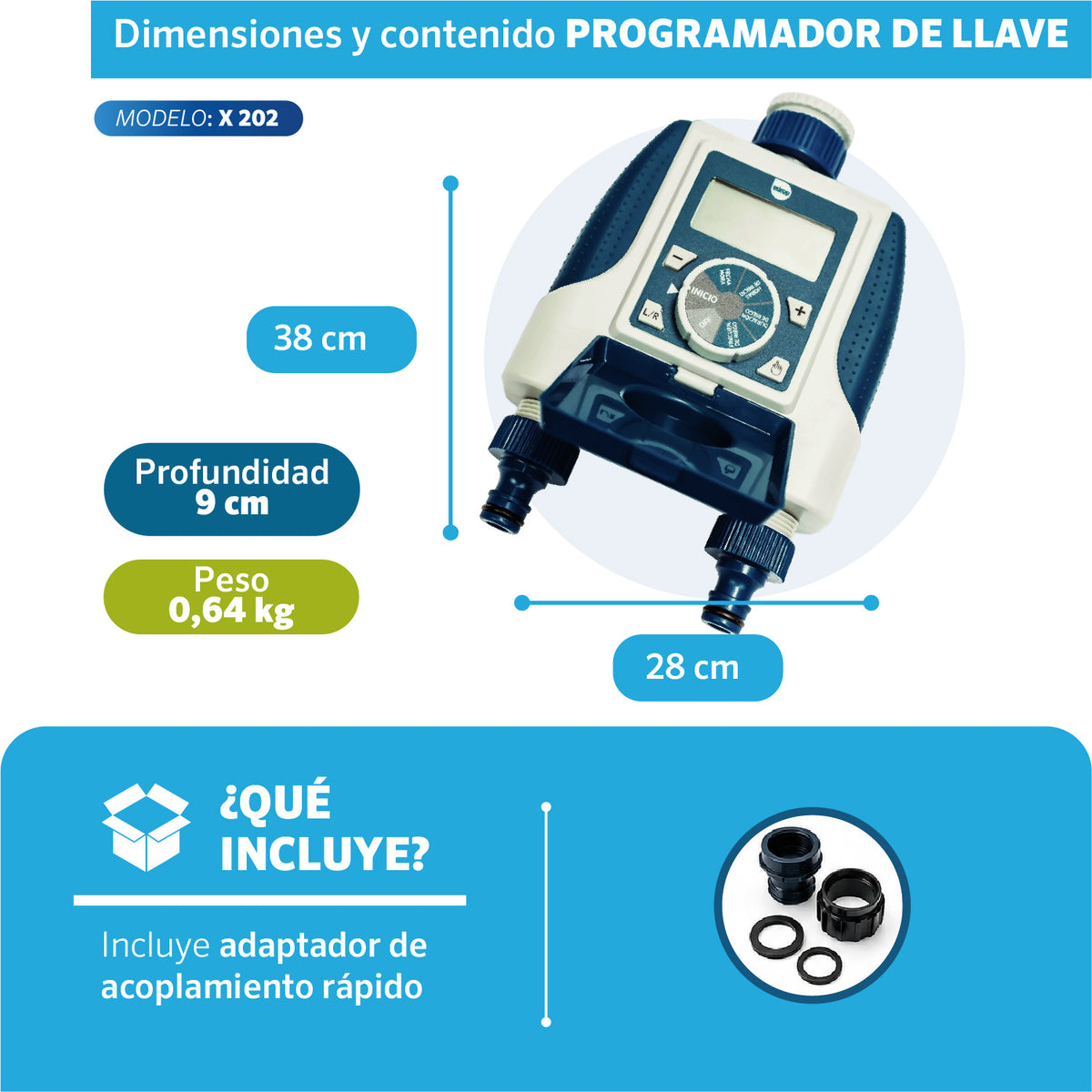 Dimensiones del Programador de llave X-202 EDROP: 38 x 28 cm, 0,64 kg, incluye adaptador de acople rápido