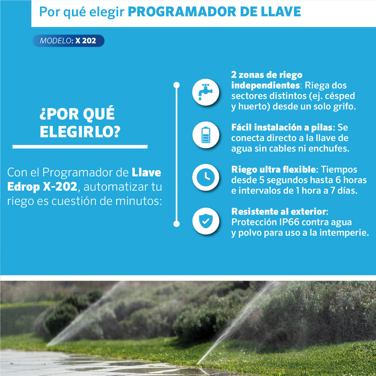 Beneficios del Programador de llave X-202 EDROP: 2 zonas independientes desde un grifo, a pilas y protección IP66