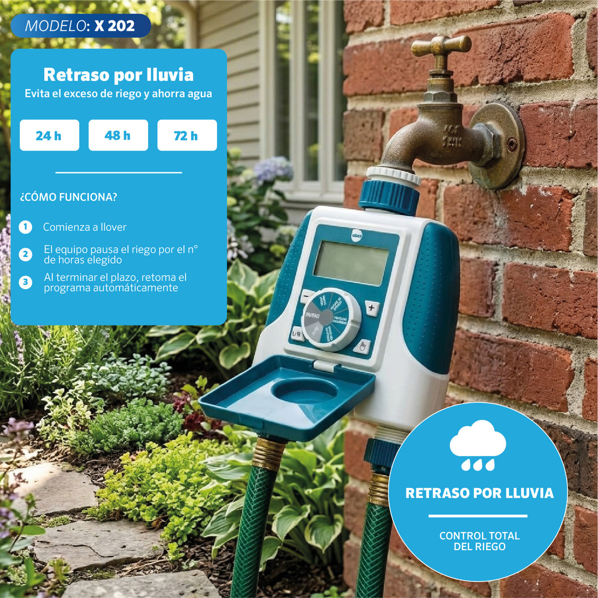 Programador de llave X-202 EDROP conectado a llave de jardín con 2 salidas, con retraso por lluvia
