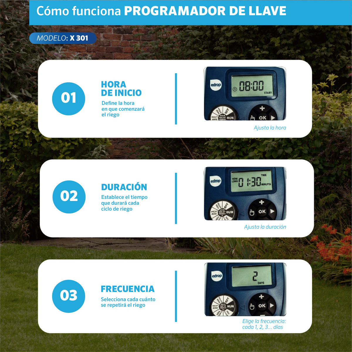 Cómo programar el Programador de llave X-301 EDROP: hora de inicio, duración y frecuencia de riego