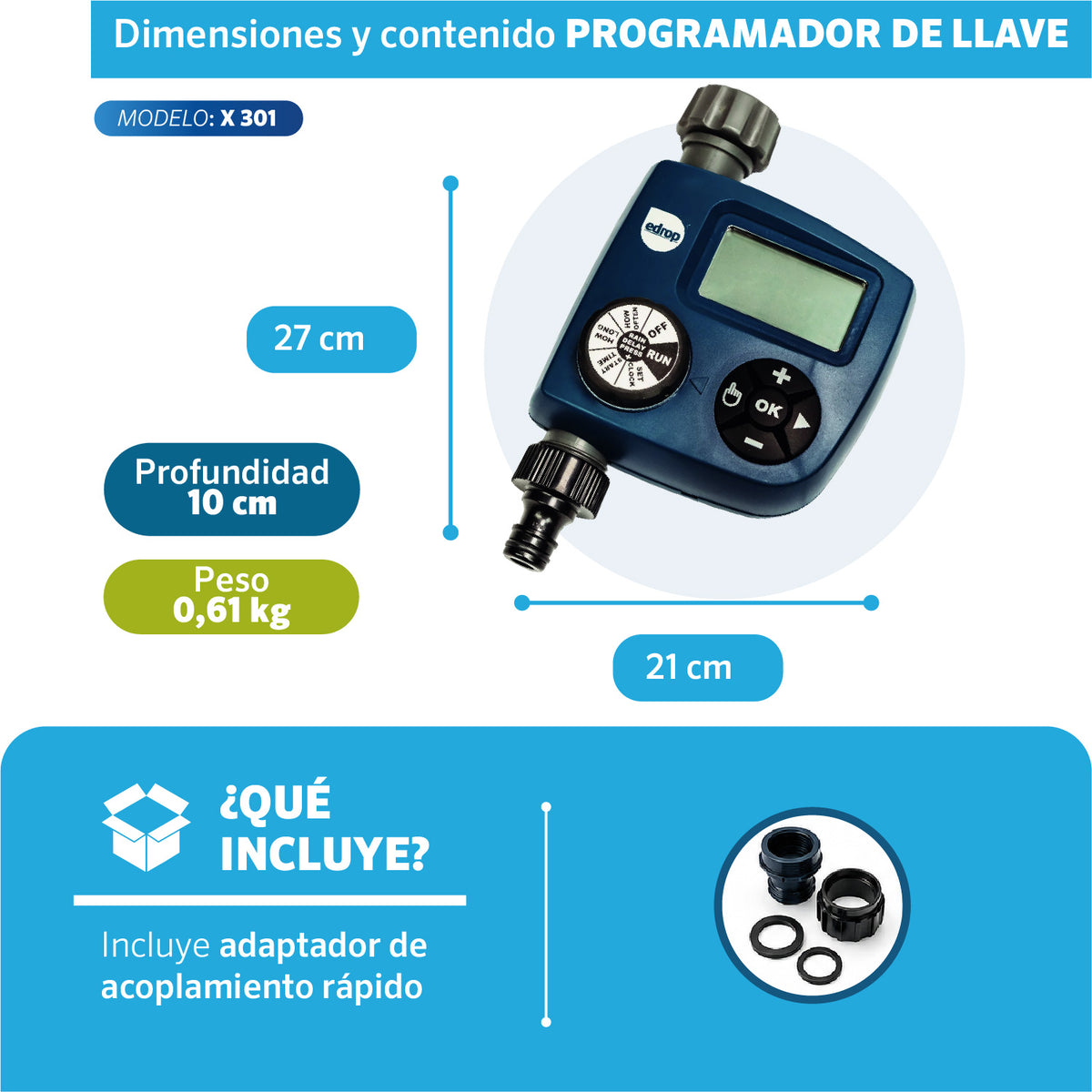 Dimensiones del Programador de llave X-301 EDROP: 27 x 21 cm, 0,61 kg, incluye adaptador de acople rápido