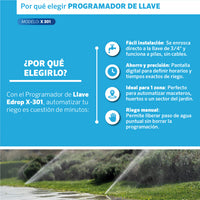 Beneficios del Programador de llave X-301 EDROP: pantalla digital, ideal para maceteros y huertos, con riego manual